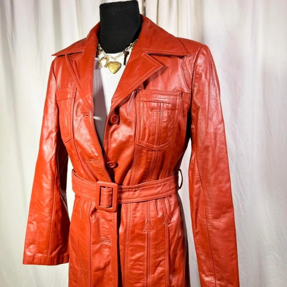 Vintage 70s Rust Faux-Leather Belted Trench Coat – Women's S/M - Picture 2 of 8